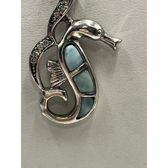 Blue Larimar and CZ Sterling Silver Seahorse Sea Life Caribbean Blue Necklace - Picture 4 of 12